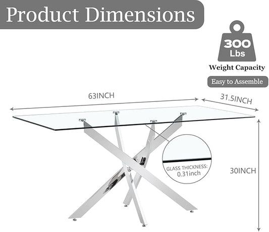 63" Modern Rectangular Glass Dining Table for 4-6, Contemporary Dining Room Table with Tempered Glass Top & Silver Finish Stainless Steel Legs for Kitchen, Home, Dining Room