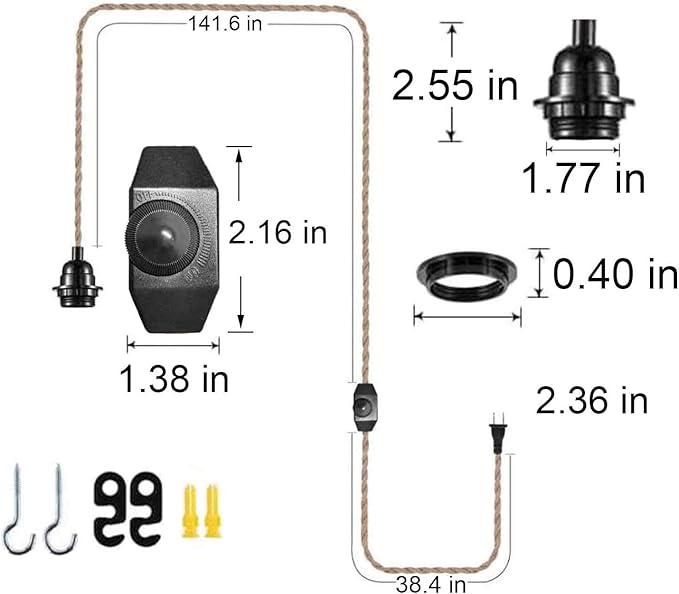 [2Pack 15FT]Pendant Light Cord Kit with Dimmer Switch,Twisted Hemp Rope Vintage Plug in Hanging Lighting,Industrial Lamp Socket Set E26,Extension Hanging Lantern Cable for Farmhouse,Retro DIY Projects