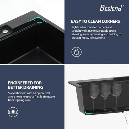 33 Waterfall Kitchen Sink - Beslend 33x22 inch Matte Black Granite Composite Waterfall Workstation Sink Drop In Waterfall Sink with Faucet, Topmount Dish Basin Above Counter Single Bowl
