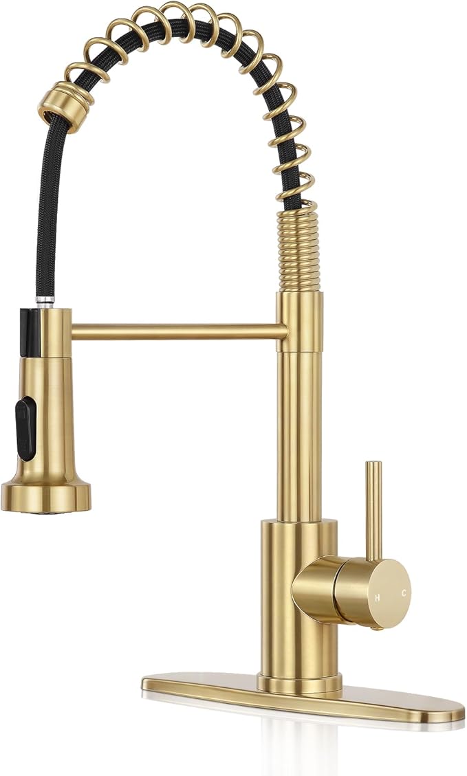 Kitchen Faucet with Pull Down Sprayer,Commercial Single Handle Stainless Steel Kitchen Faucets with Deck Plate (Brush Gold)