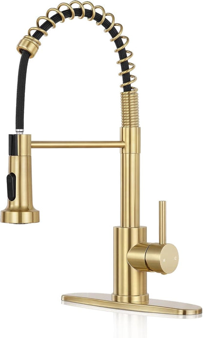 Kitchen Faucet with Pull Down Sprayer,Commercial Single Handle Stainless Steel Kitchen Faucets with Deck Plate (Brush Gold)