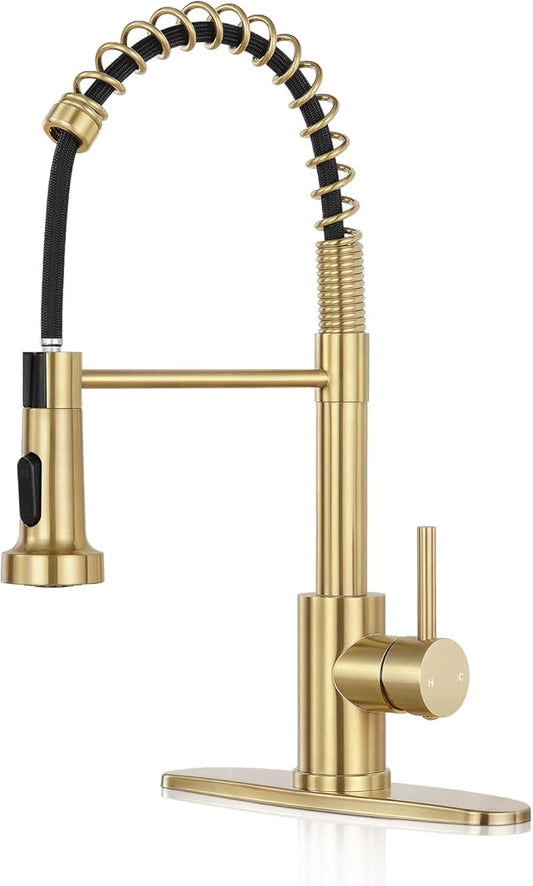 Kitchen Faucet with Pull Down Sprayer,Commercial Single Handle Stainless Steel Kitchen Faucets with Deck Plate (Brush Gold)