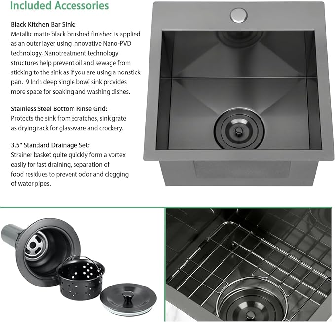 FRANIC 15" Handmade Black Bar Workstation Sink, 15" x 15" x 9" Stainless Steel Matte Nano Black Topmount Single Bowl Small Kitchen Outdoor Sink