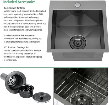 FRANIC 15" Handmade Black Bar Workstation Sink, 15" x 15" x 9" Stainless Steel Matte Nano Black Topmount Single Bowl Small Kitchen Outdoor Sink