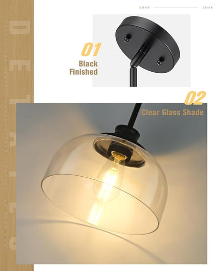 Emak 2 Pack Glass Pendant Light, Modern Farmhouse Black Pendant Lights Kitchen Island, 10 Inch Hanging Light Fixture for Kitchen Island, Dining Room, Bathroom, Bar, PL131-BK-CG-2PK