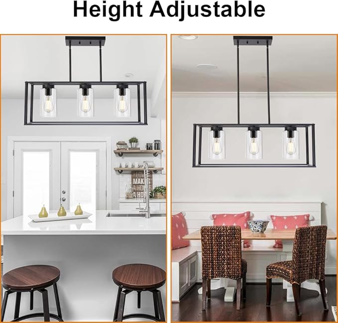 VINLUZ Contemporary Chandeliers Black 3 Light Modern Dining Room Lighting Fixtures Hanging, Kitchen Island Cage Linear Pendant Lights Farmhouse Flush Mount Ceiling Light with Glass Shade