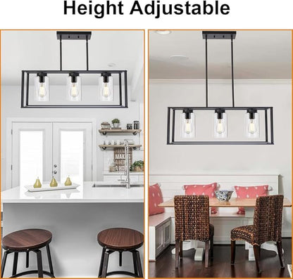 VINLUZ Contemporary Chandeliers Black 3 Light Modern Dining Room Lighting Fixtures Hanging, Kitchen Island Cage Linear Pendant Lights Farmhouse Flush Mount Ceiling Light with Glass Shade