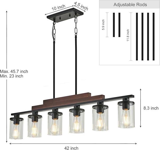 Kitchen Island Light Fixture/Chandelier Over Table,Farmhouse Black Rustic Wood Hanging Light Fixtures for Dining Room with 6 Glass Shade