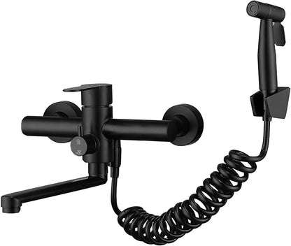 Kitchen Sink Wall Mount Faucet, Matte Black Commercial Faucet with Side Sprayer, Stainless Steel Mixer Tap, Unility Sink Faucet, 7.5-8.5 Inches Center, Spout Reach 9.2"