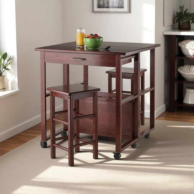 Furnifact Walnut Folding Dining Table with Chairs – Space-Saving Foldable Dining Table and Small Table and Chairs Set of 2 for Kitchens, Apartments, and Compact Living Areas