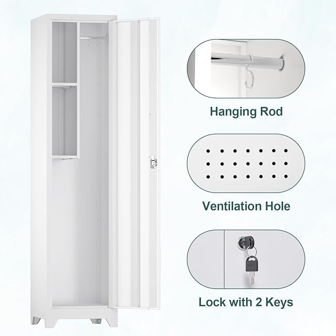 Slim Broom Storage Cabinets, Metal Cabinet with Shelves and Hanging Rod, 15.75" W Utility Storage Cabinet with Locking Door, Slim Cabinet for Small Spaces, Kitchen, Pantry, Office, Shop