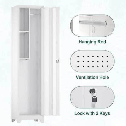 Slim Broom Storage Cabinets, Metal Cabinet with Shelves and Hanging Rod, 15.75" W Utility Storage Cabinet with Locking Door, Slim Cabinet for Small Spaces, Kitchen, Pantry, Office, Shop