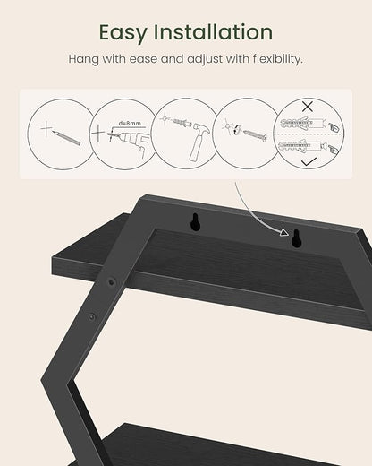 CHOEZON Hexagon Floating Shelves for Wall, Set of 2, 2 -Tier Hanging Shelves, Wall Mounted Storage Shelves, for Living Room, Bedroom, Kitchen, Home Office, Study, Black TBJ06P2BB