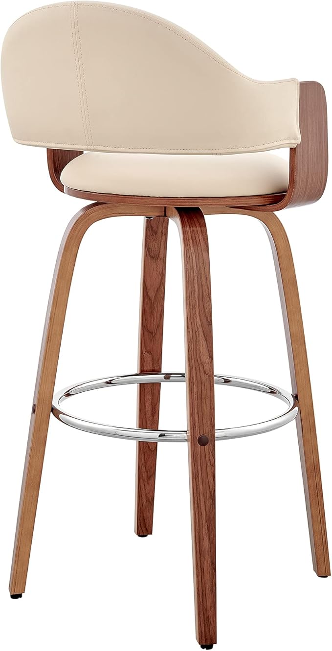 Armen Living Daxton Mid Century Modern Swivel Bar Stool for Kitchen Island Counter in Cream Faux Leather and Walnut Wood, 26" Seat Height