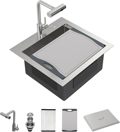 21 Inch Drop In Outdoor Kitchen Sink Bar Prep Sink Workstation 16 Gauge Stainless Steel Single Bowl Small Sinks With Pull-out Faucet 21"x20"x9"