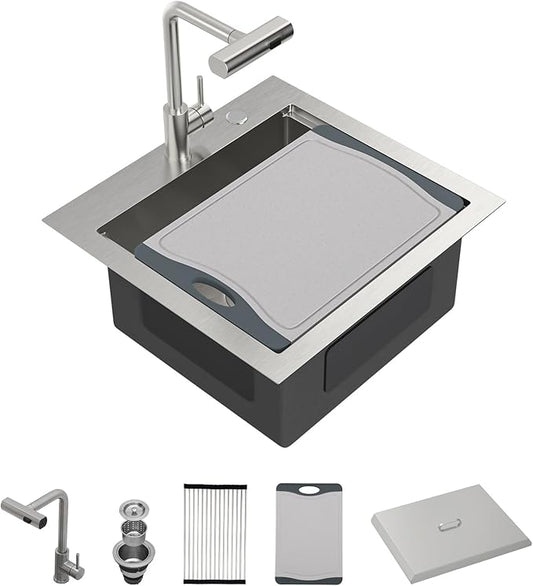 21 Inch Drop In Outdoor Kitchen Sink Bar Prep Sink Workstation 16 Gauge Stainless Steel Single Bowl Small Sinks With Pull-out Faucet 21"x20"x9"