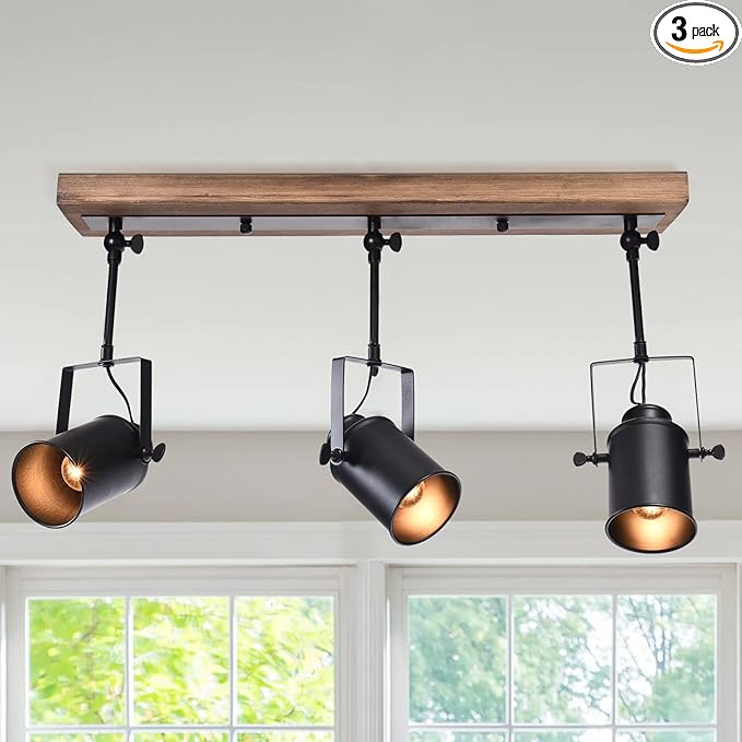 Lingkai Track Lighting Fixture, Farmhouse 3-Light Black Wood Kitchen Spotlight Industrial Adjustable Heads Ceiling Light for Kitchen Living Room Dining Room