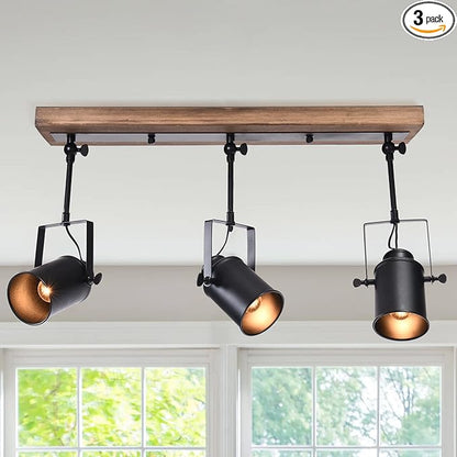 Lingkai Track Lighting Fixture, Farmhouse 3-Light Black Wood Kitchen Spotlight Industrial Adjustable Heads Ceiling Light for Kitchen Living Room Dining Room