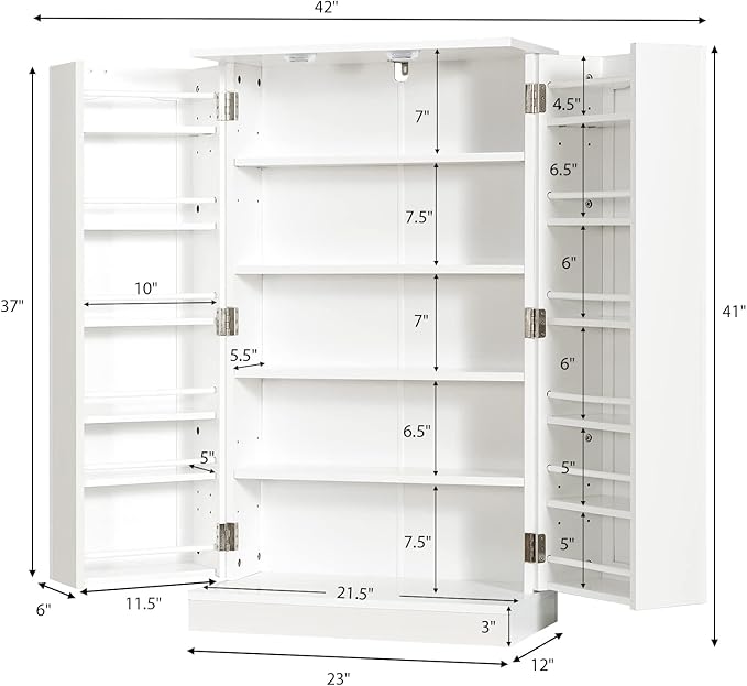 Tangkula Kitchen Pantry Cabinet, 17-Tier Buffet Sideboard with 2 Doors and 6 Adjustable Shelves, Kitchen Storage Cabinet, Space Saving Cupboard for Dining Room Living Room, 23 x 12 x 41 Inch (White)