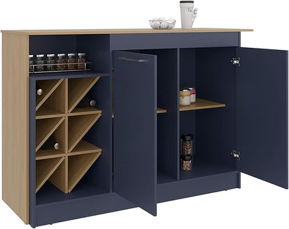 GOWE Harrell Kitchen Island, 2 Doors, 7 Shelves, Alby Blue/Natural Oak