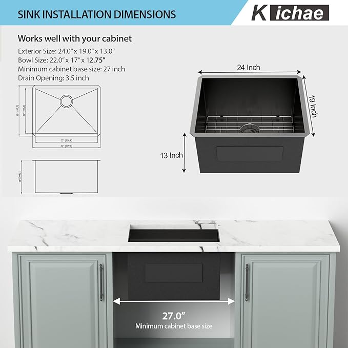 Kichae 24 Laundry Sink Undermount - 24”x19" Black Undermount Utility Sink 13" Deep Stainless Steel 16 Gauge Single Bowl Under Counter Handmade Laundry Utility Room Basin
