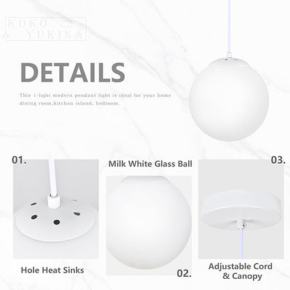KoKo&Yukina 8 Inch Globe Pendant Light White Globe Pendant Lights Kitchen Island Mid Century Light Fixture with Milky White Glass Shade Adjustable Cluster Lights for Dining Room Living Room