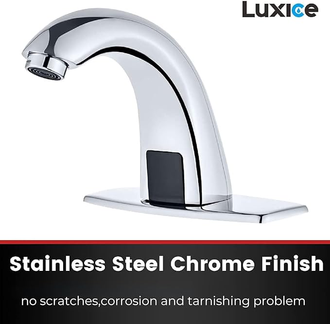 Touchless Bathroom Sink Faucet - Automatic Motion Sensor Battery Opertated with Temperature Mixing Valve for Commercial Lavatory Bathroom, Chrome
