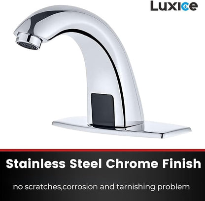 Touchless Bathroom Sink Faucet - Automatic Motion Sensor Battery Opertated with Temperature Mixing Valve for Commercial Lavatory Bathroom, Chrome
