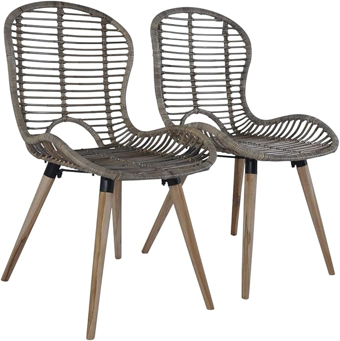 Natural Rattan Dining Chairs Set of 2 Brown Wooden Legs Accent Chairs for Kitchen Living Room Farmhouse Decor Vintage Style Furniture