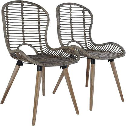 Natural Rattan Dining Chairs Set of 2 Brown Wooden Legs Accent Chairs for Kitchen Living Room Farmhouse Decor Vintage Style Furniture