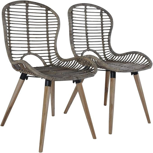 Natural Rattan Dining Chairs Set of 2 Brown Wooden Legs Accent Chairs for Kitchen Living Room Farmhouse Decor Vintage Style Furniture