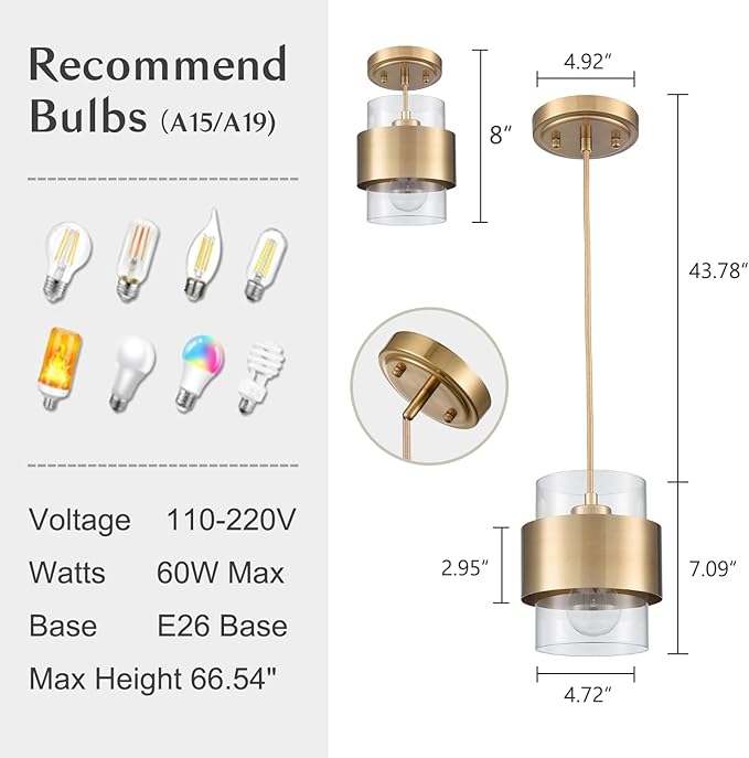 DEYNITE Modern Pendant Light Fixtures Brass Hanging Light for Kitchen Island