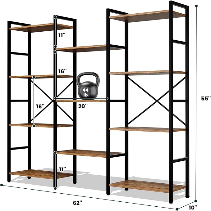 GRUSIGN Triple 4 Tier Book Shelf, Modern Bookcase Shelf, Freestanding Large Display Shelves for Living Room/Office/Garage, Stable Large Bookshelf with Storage for Books/LEGO/Plants, Rustic Brown