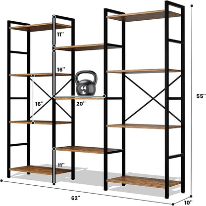 GRUSIGN Triple 4 Tier Book Shelf, Modern Bookcase Shelf, Freestanding Large Display Shelves for Living Room/Office/Garage, Stable Large Bookshelf with Storage for Books/LEGO/Plants, Rustic Brown