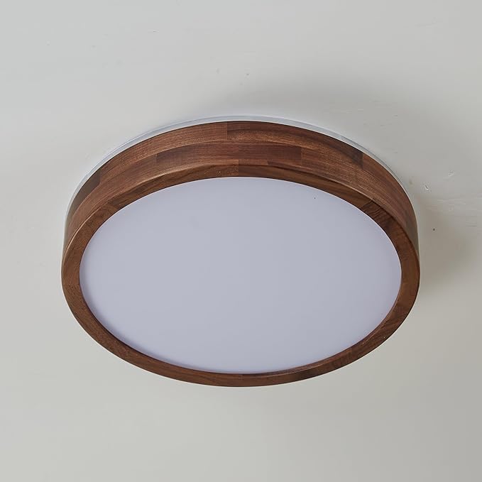 LED Ceiling Light Fixture 15.74, Handcrafted Walnut Wood Modern Wabi-Sabi Style, 42W LED 3000K-4000K-6000K, Low Profile Lamp for Bedroom Kitchen Hallway Dining