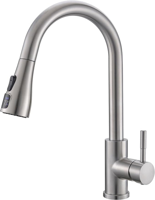 GIMILI LED Kitchen Faucet with Pull Down Sprayer Single Hole Kitchen Sink Faucet Suitable for Farmhouses RV Laundry Room Outdoor and Campers Brushed Nickel