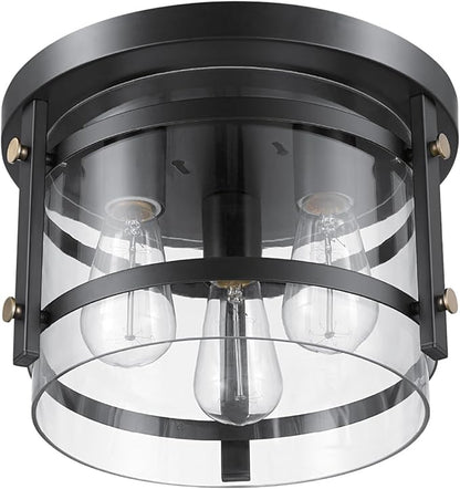 Globe Electric 60417 3-Light Flush Mount Ceiling Fixture, Dark Bronze Finish, Brass Detail, Clear Glass Shade, Modern Lighting for Kitchen, Bedroom, or Dining Room, Rustic, E26 Base