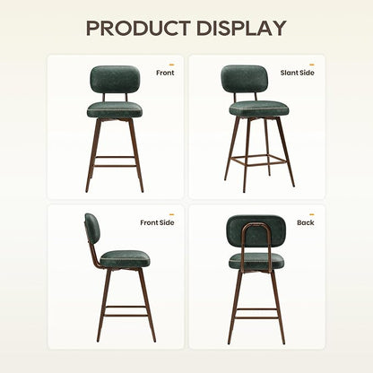 MALOL 26“ PU Leather Swivel Bar Stools Set of 4, Mid Century Counter Height Bar Chairs with Low Back and Metal Legs, Modern Bar Stool Chair for Kitchen Island, Green