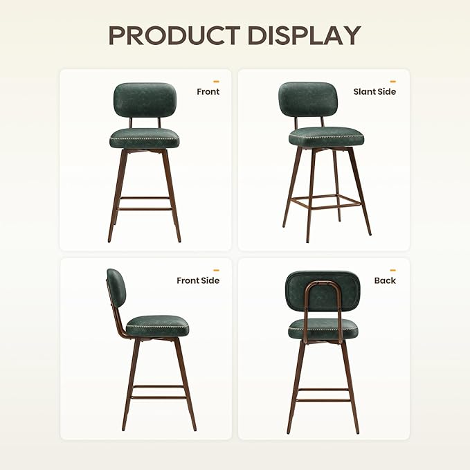 MALOL 26“ Swivel Bar Stools Set of 2, Mid Century PU Leather Counter Height Bar Chairs with Low Back and Metal Legs, Modern Bar Stool Chair for Kitchen Island, Green
