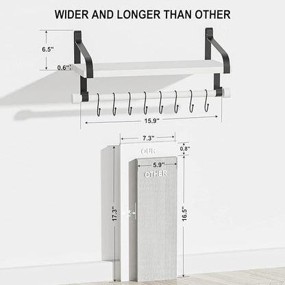 Love-KANKEI Floating Shelves for Coffee Bar,Bathroom Shelves with Wood Bar, Wall Shelves with 8 Hooks for Kitchen, 17.3 Inch Storage Shelves Set of 2 for Bedroom,Living Room，White