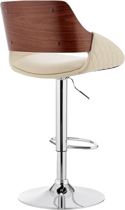 Armen Living Colby Modern Adjustable Height Swivel Cream Faux Leather and Walnut Wood Bar Stool with Chrome Base for Kitchen Island Counter