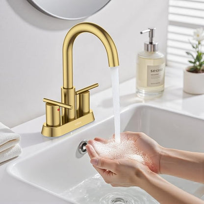 Hurran 4 Inch Bathroom Faucet for Sink 3 Hole, Gold Bathroom Faucet with Pop-up Drain and 2 Supply Hoses,Stainless Steel Lead-Free 2-Handle Centerset Faucet for Sink Vanity RV