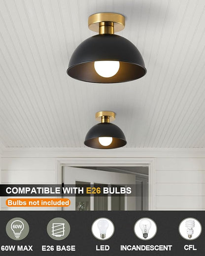 2 Pack Semi Flush Mount Ceiling Light with Gold Plate and Matte Black Shade, Farmhouse Ceiling Light Fixture for Kitchen Island Foyer Hallway Porch(2 Pack Black)