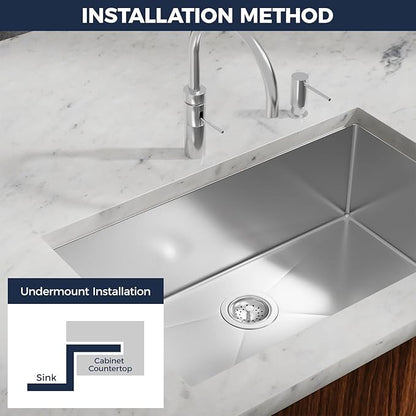 30 Inch Undermount Kitchen Sink - 30x19x9 Kitchen Sinks with Brushed, 18 Gauge 304 Stainless Steel Includes Drain Strainer, Deep Single Bowl Handmade Basin