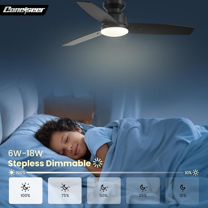 Conciseer 42 Inch Ceiling Fans with Lights and Remote, Bedroom Living Room Office, Flush Mount, 3CCT Dimmable, Dual Color 3 Blades, 6 Speed Reversible Quiet DC Motor, Black/Wood Grain, 2 Pack