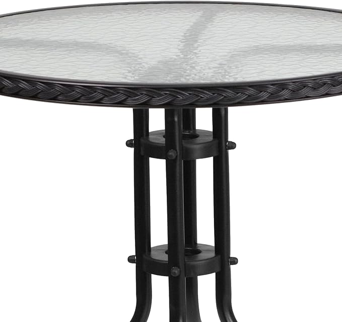 Flash Furniture Barker 28'' Round Tempered Glass Metal Table with Black Rattan Edging