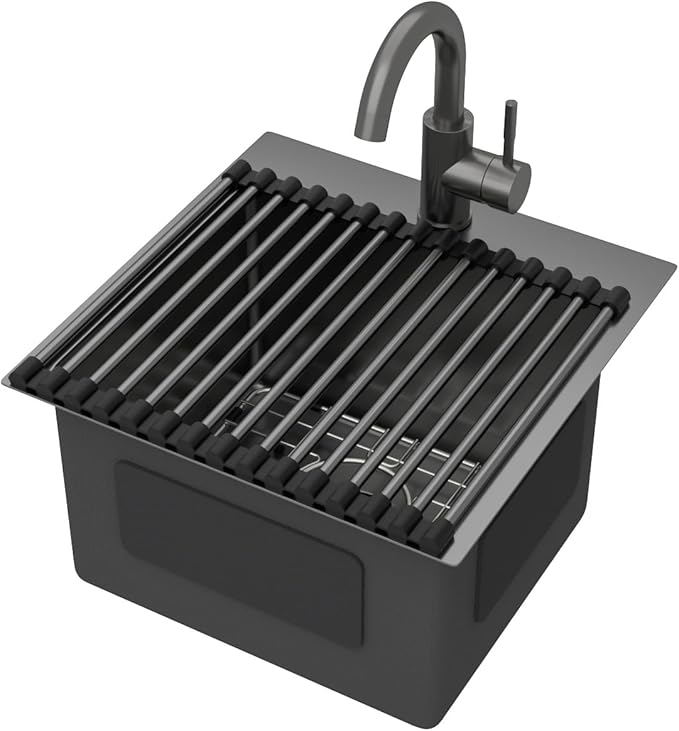15x15 Inch Black Drop In Bar Sink with Faucet, 16 Gauge 304 Stainless Steel Single Bowl Wet Prep Sink for Kitchen Bar, RV, Outdoor, and Boat, Gunmetal Black #TLT-0017