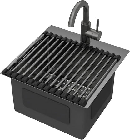 15x15 Inch Black Drop In Bar Sink with Faucet, 16 Gauge 304 Stainless Steel Single Bowl Wet Prep Sink for Kitchen Bar, RV, Outdoor, and Boat, Gunmetal Black #TLT-0017