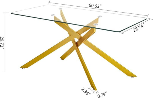 SSLine 60.6" Rectangle Glass Dining Table for 6 Modern Glass Tabletop Kitchen Table for 6 Luxury Dining Room Tables with Gold Nest-Shape Metal Base for Home Kitchen Dining Room