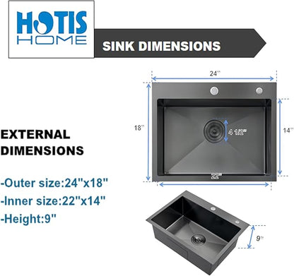 HOTIS 24 X 18 Inch Black Drop In Kitchen Sink, Black Stainless Steel Kitchen Sink, Large Residential Sink with 2 Holes, Single Bowl Topmount Workstation Sink with Dish Grid & Drain